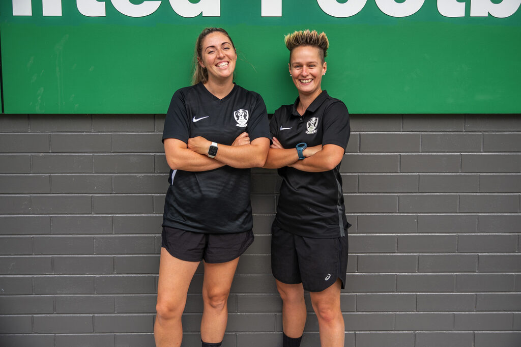 Sale United Football Club Senior Women's head coach Madelaine Breakspear and Men's head coach Anouk Meereboer.